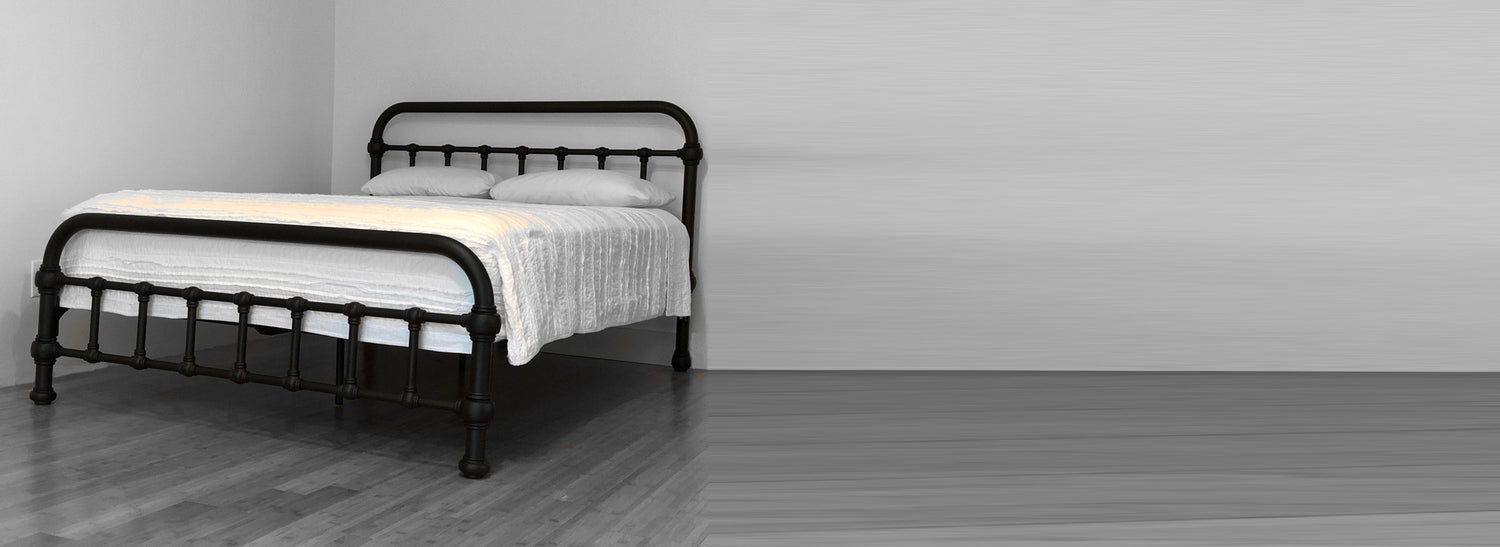 Heiressy's 20th c. Americana Iron Platform Bed has a low headboard and footboard and includes a steel platform frame with solid wood slats for a super sturdy, quiet platform bed with modern contemporary or transitional bedroom furniture design.