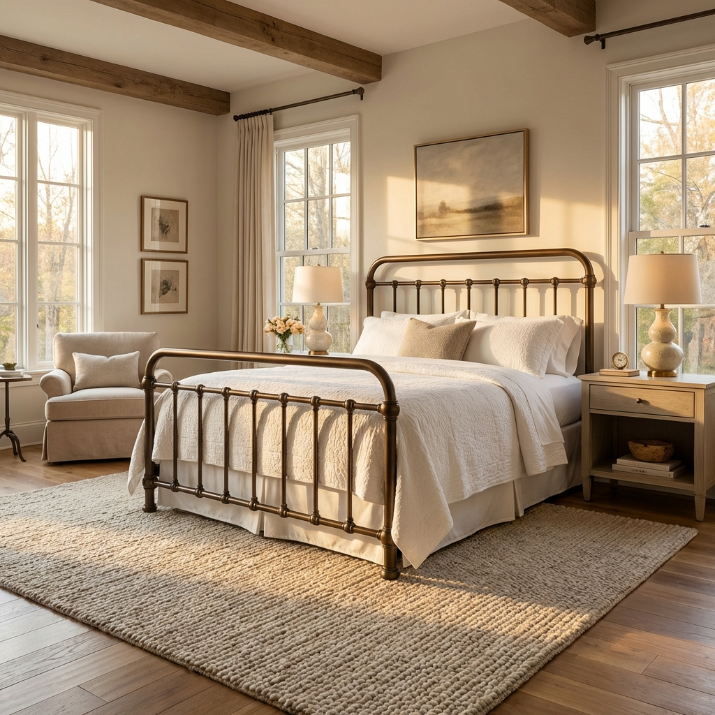 Heiressy 20th c Americana Iron Bed in the Gold Hint Brown finish in a bedroom with wooden beams and large windows.