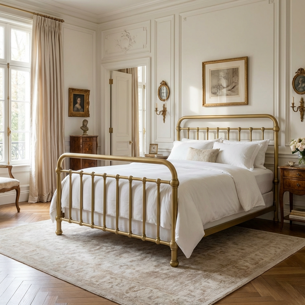 Heiressy 20th c Americana Iron Bed with the Gold Wash finish in a Neoclassical bedroom with white bedding and decorative wall art.