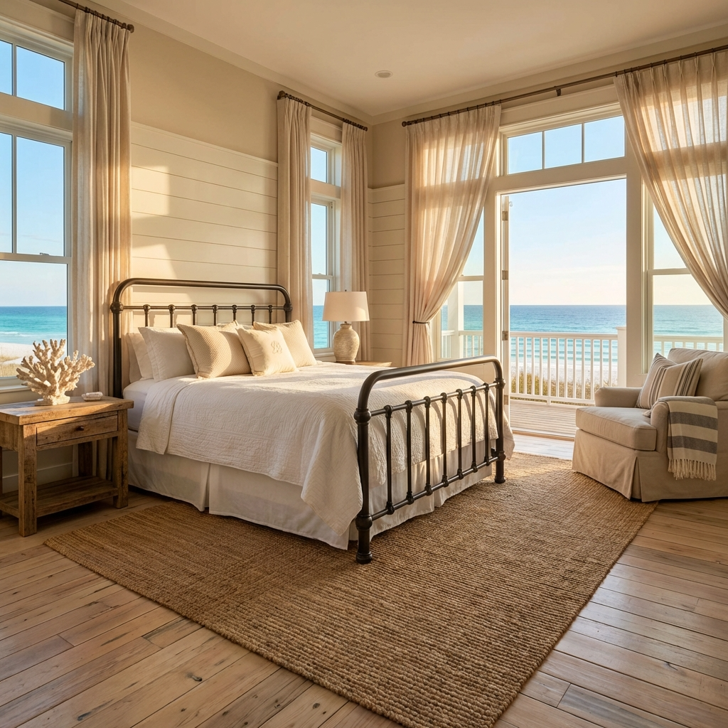 Heiressy luxury 20th c Americana Iron Bed beachfront bedroom with ocean view, wooden floors, and large windows.