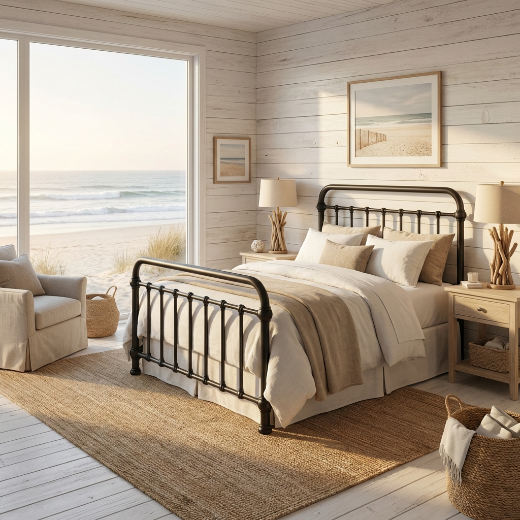 Heiressy 20th c Americana Iron Bed in a seaside coastal cottage bedroom with ocean view, wooden walls, and white bedding.