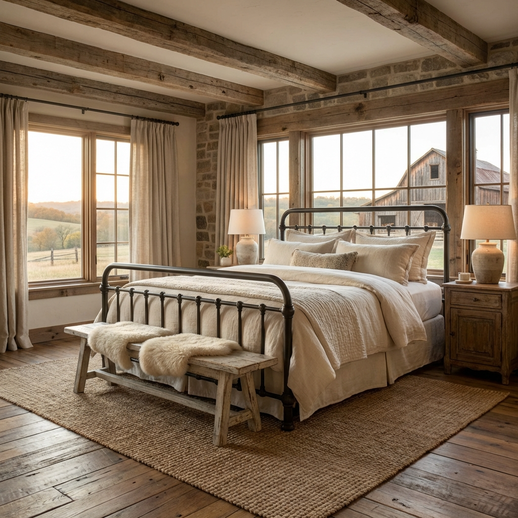 Heiressy 20th c Americana Iron Bed in a farmhouse bedroom with wooden beams, large windows with beige bedding.