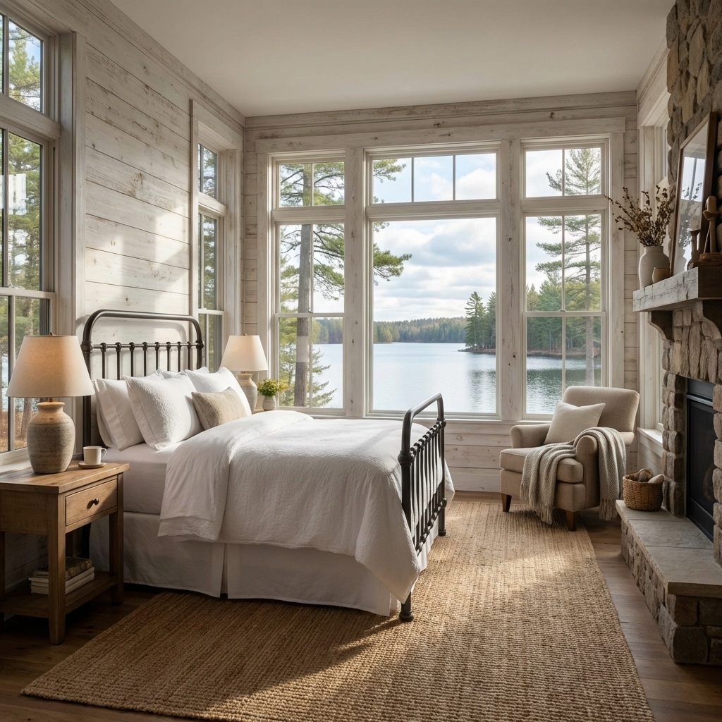 Heiressy 20th c Americana Iron Bed in a lakeside bedroom with large windows, wooden furniture, and a fireplace.