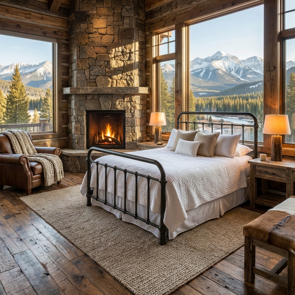 Heiressy historic 20th c Americana Iron Bed in a cozy bedroom with stone fireplace and mountain view.
