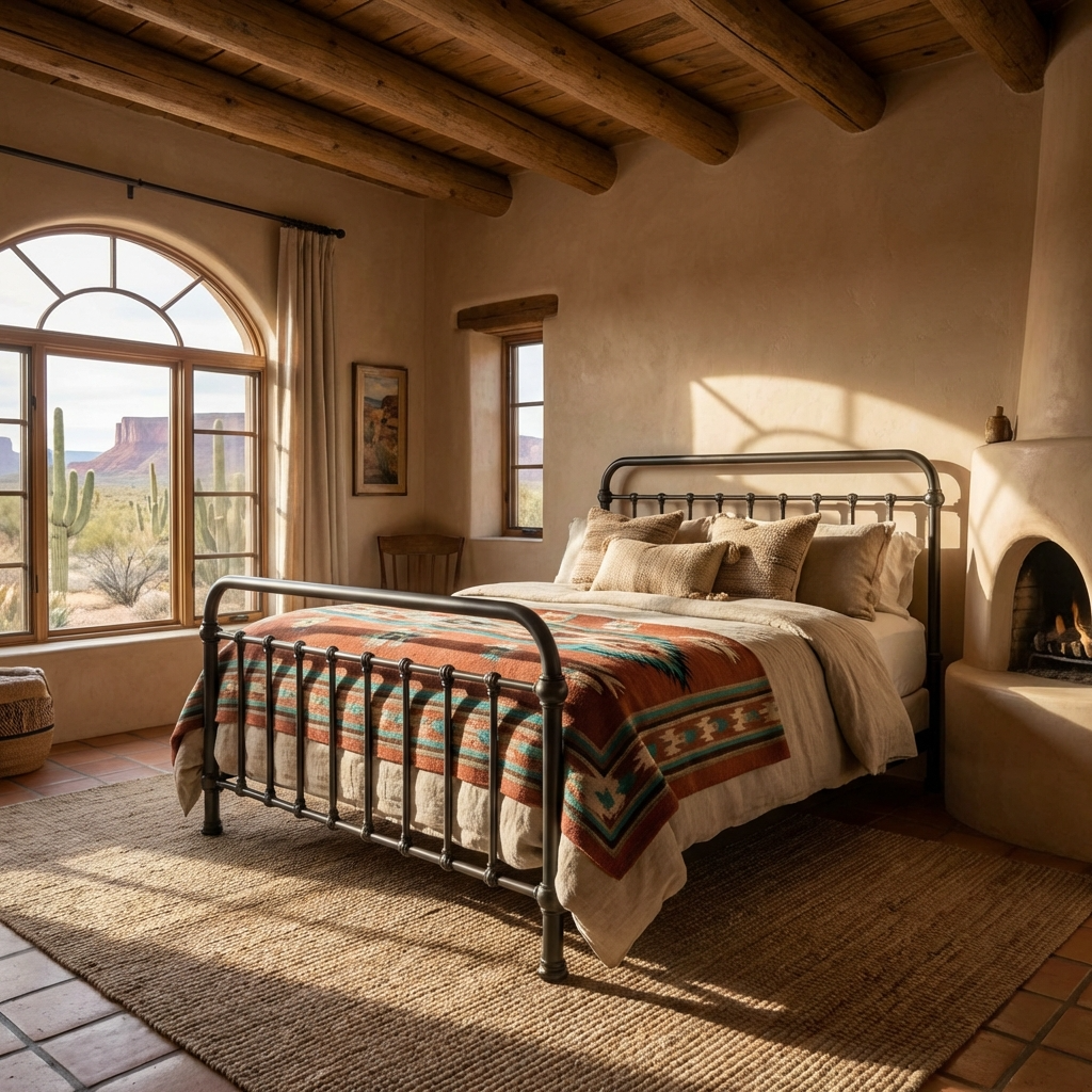Heiressy luxury 20th c. Americana Iron Bed in a Southwestern style bedroom with wooden beams, large window, and fireplace.