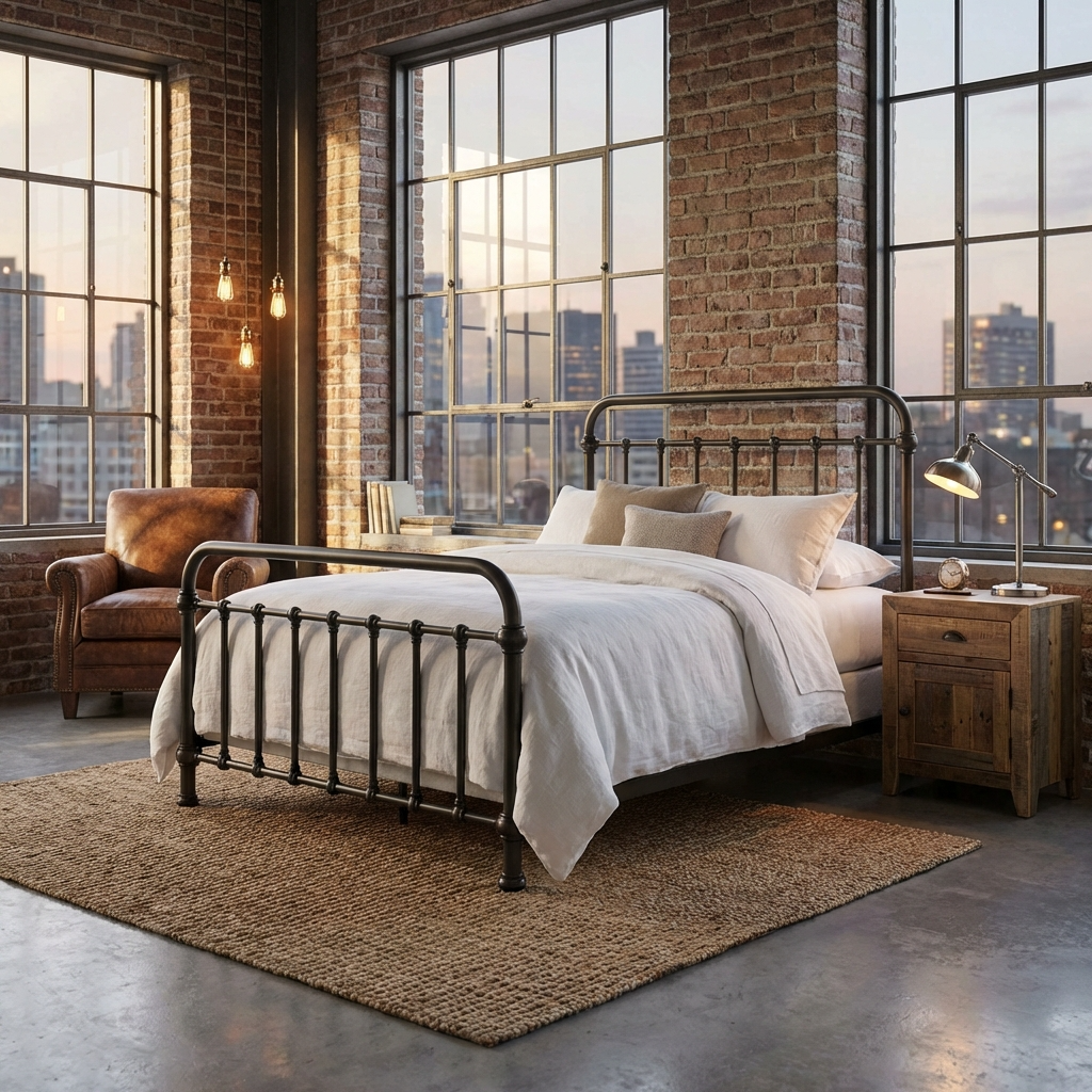Heiressy 20th c Americana Iron Bed in an urban loft modern bedroom with brick walls, large windows with white bedding.