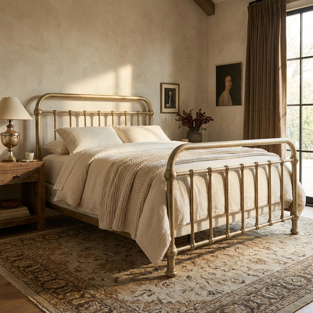 Heiressy 20th c Americana Iron Bed with the Restored Gold finish bedroom with a lamp and decor.