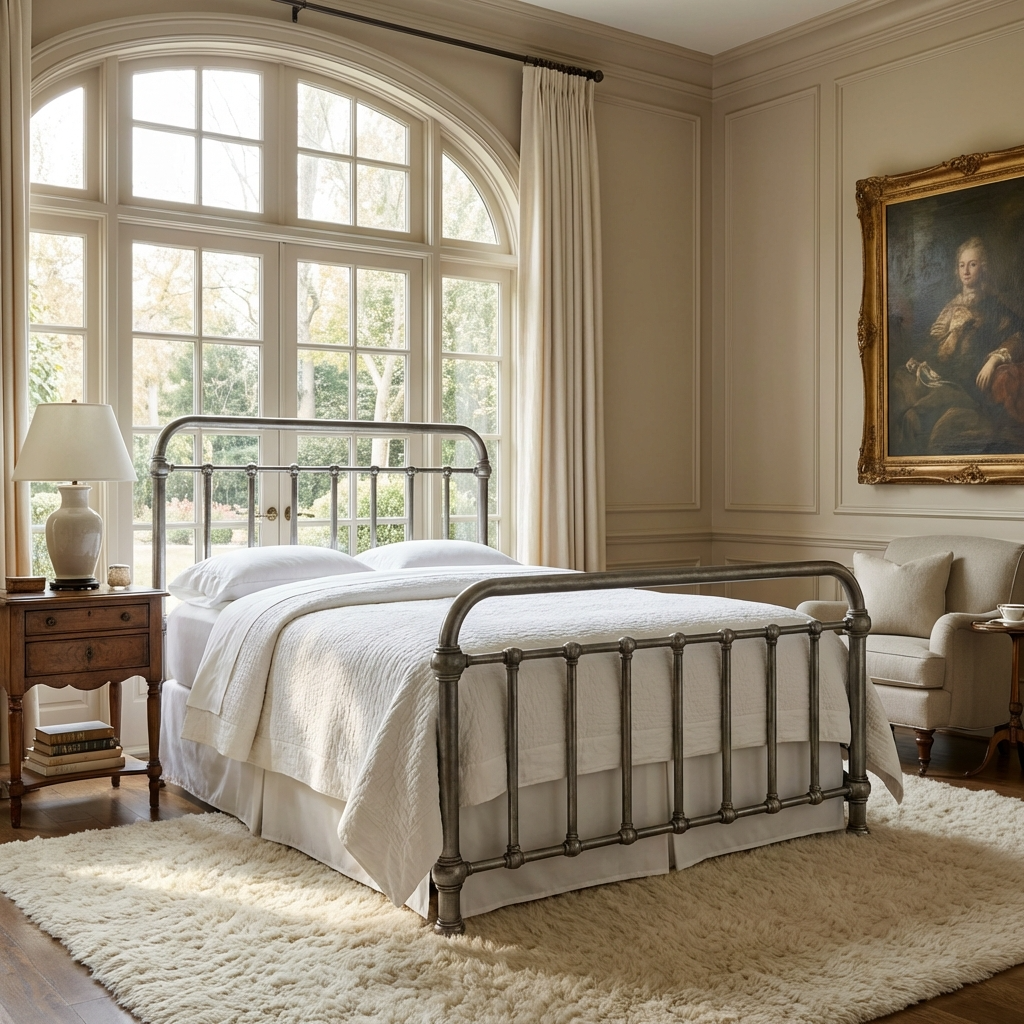 Heiressy 20th c Americana Iron Bed with the Restored Silver finish in a neatly made bedroom with large windows and a painting on the wall.