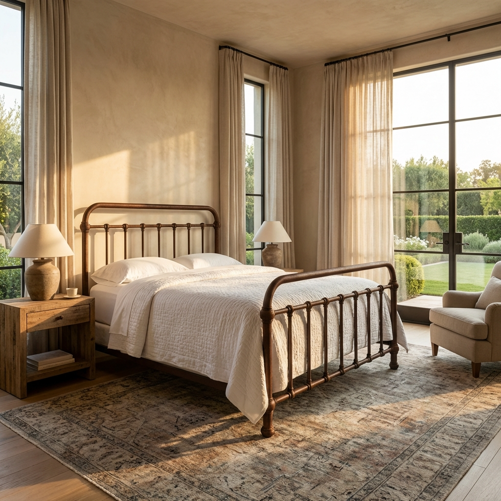 Heiressy 20th c Americana Iron Bed with the Rusted Discovery finish in a cozy bedroom with a wooden bed, lamps, and large windows.