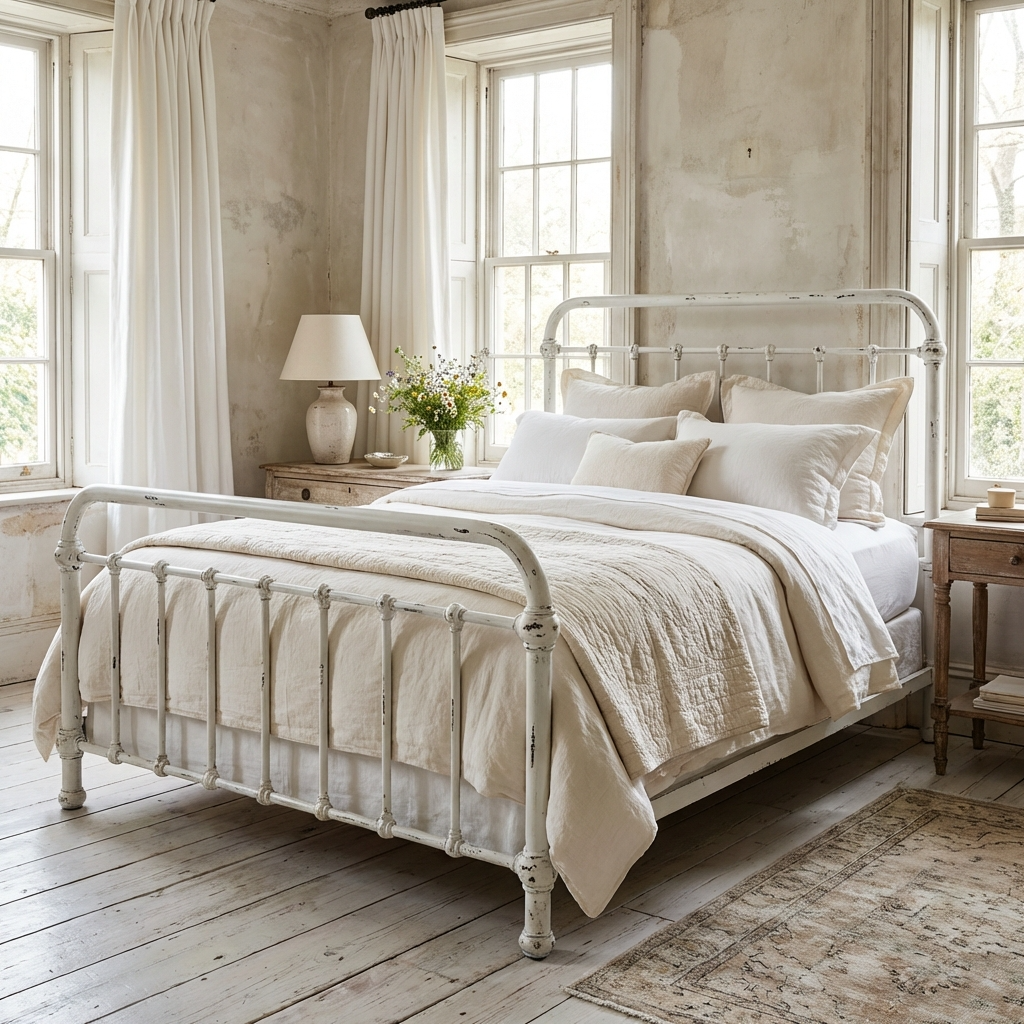 Heiressy 20th c Americana Iron Bed in the Shabby Chic White finish with white bedding in a room with large windows and wooden floors.