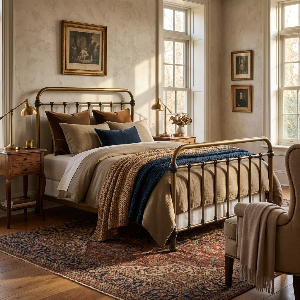 Heiressy 20th c Americana Iron Bed with the Timeworn Brass finish in a bedroom with wooden nightstands, and framed artwork on the wall.