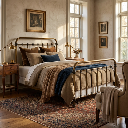 Heiressy 20th c Americana Iron Bed with the Timeworn Brass finish in a bedroom with wooden nightstands, and framed artwork on the wall.