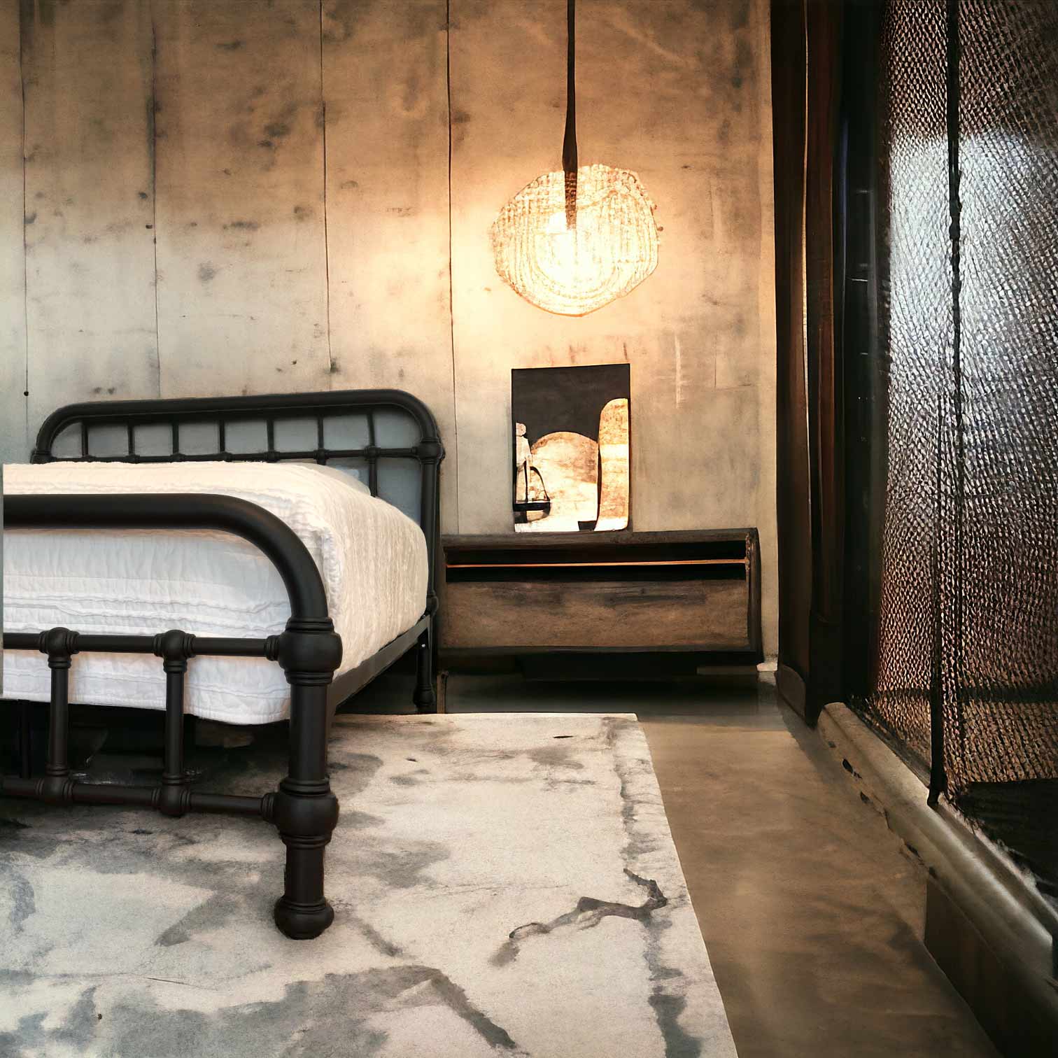 20th c Americana Iron Platform Bed by Heiressy USA Manufacturer Industrial Concrete Wall Bedroom Furniture