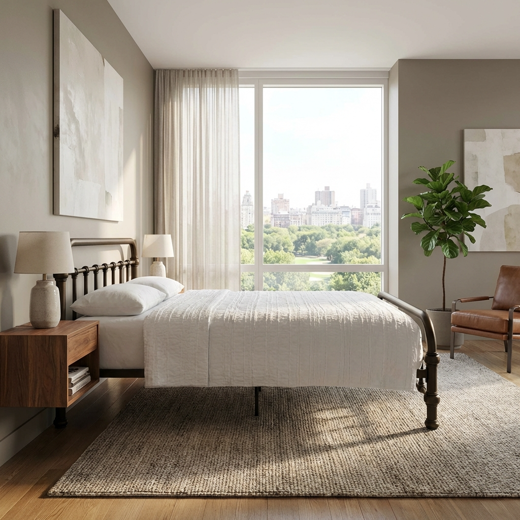 20th c. Americana Low Profile Iron Platform Bed by Heiressy in a new modern bedroom with a large window, floating nightstands, and an armchair.