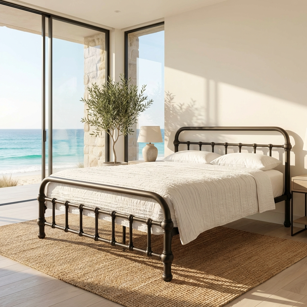 20th c. Americana Low Profile Iron Platform Bed by Heiressy in a waterfront bedroom with a large ocean view and white wall coastal design.
