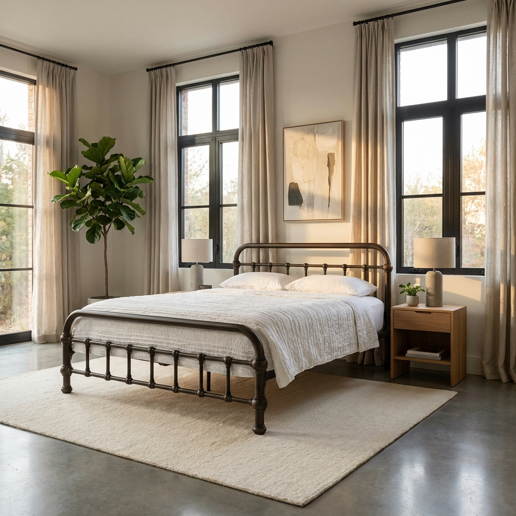 20th c. Americana Low Profile Iron Platform Bed by Heiressy with white bedding and large windows.
