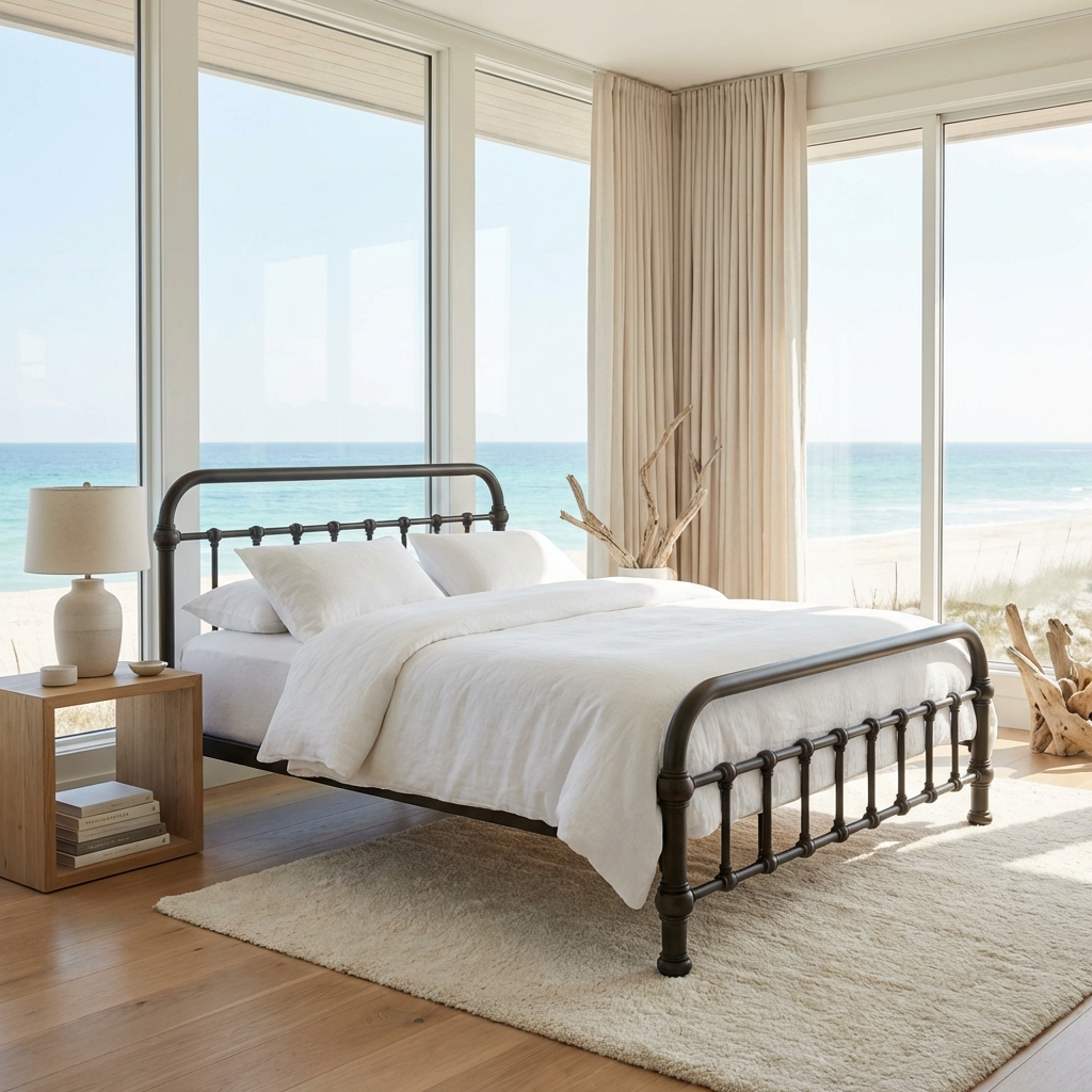20th c. Americana Low Profile Iron Platform Bed by Heiressy in a modern ocean view bedroom with white bedding and driftwood accents.