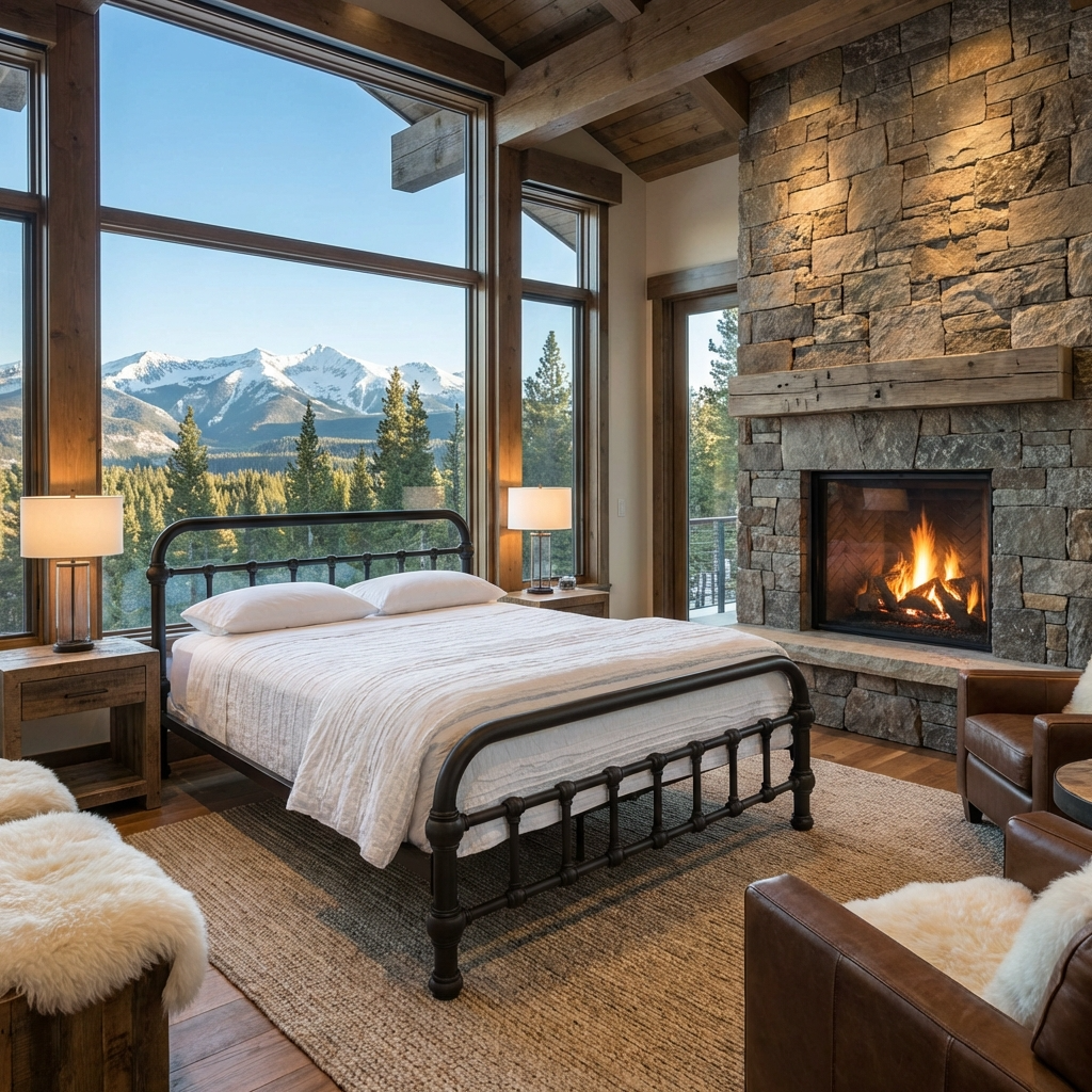 20th c. Americana Low Profile Iron Platform Bed by Heiressy in a cozy bedroom with a view of mountains, fireplace, and large windows.
