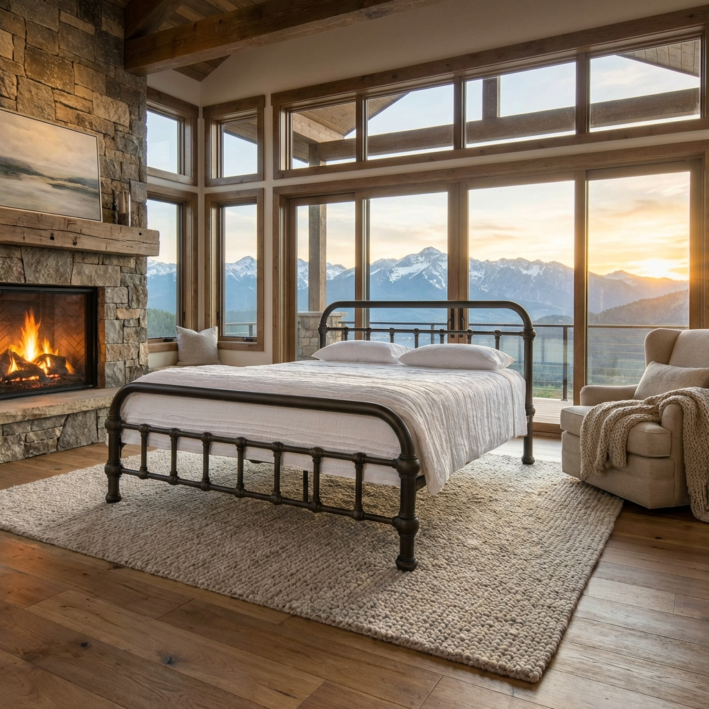 20th c. Americana Low Profile Iron Platform Bed by Heiressy in a modern mountain bedroom with a fireplace and large windows overlooking mountains.