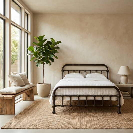 20th c. Americana Low Profile Iron Platform Bed by Heiressy in a modern Japandi bedroom with a wooden bench, and large window.