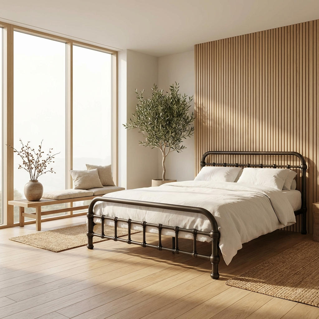 20th c. Americana Low Profile Iron Platform Bed by Heiressy in a Japandi modern bedroom with white bedding, and wooden accent wall and flooring.