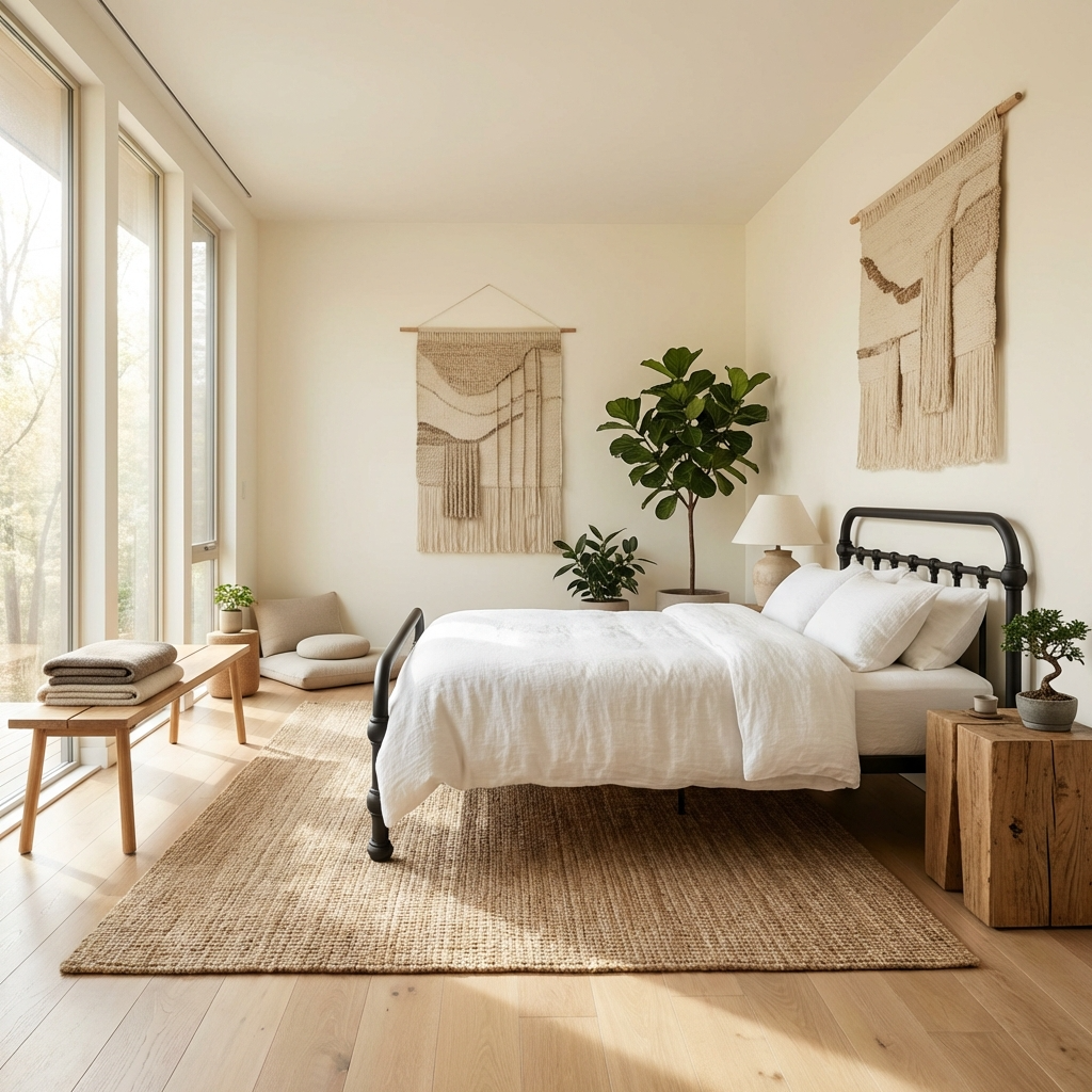 20th c. Americana Low Profile Iron Platform Bed by Heiressy in a modern Japandi bedroom with a rug, wall decor, and simple wooden bench and block nightstands.