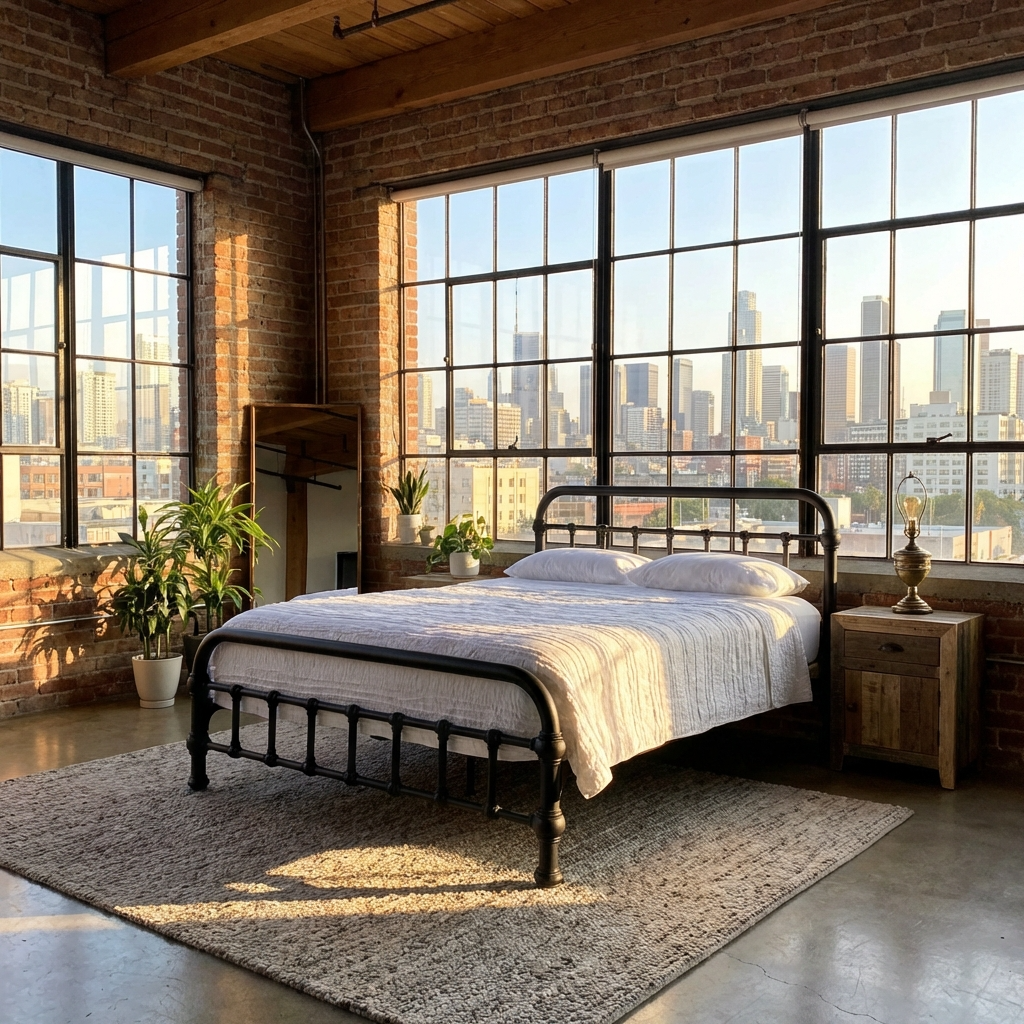 20th c. Americana Low Profile Iron Platform Bed by Heiressy in an urban loft bedroom with brick walls and large windows offering a cityscape view.