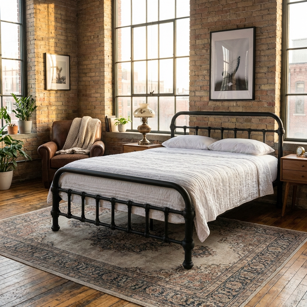 20th c. Americana Low Profile Iron Platform Bed with Wood Slats