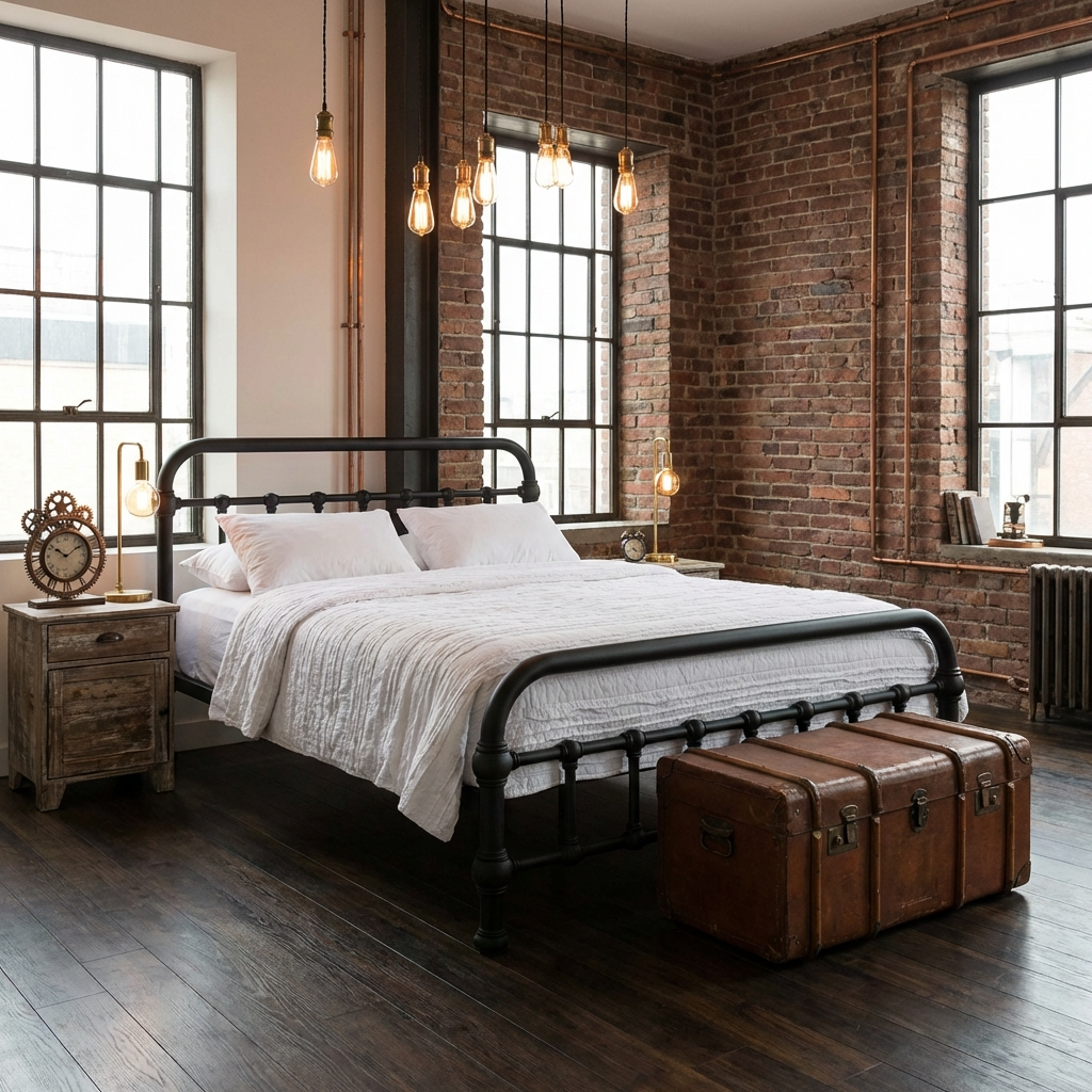 20th c. Americana Low Profile Iron Platform Bed by Heiressy in a modern loft bedroom with a subtle steampunk theme, brick walls and large windows.