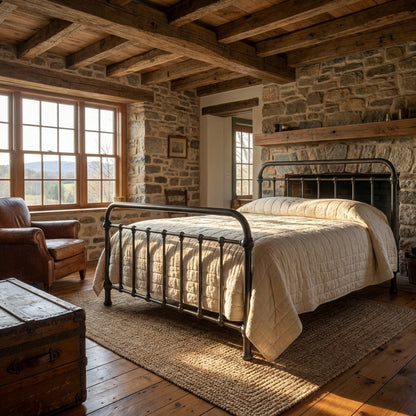 Heiressy luxury 20th c Americana Iron Bed in a historic bedroom. Made in the USA Iron Beds.