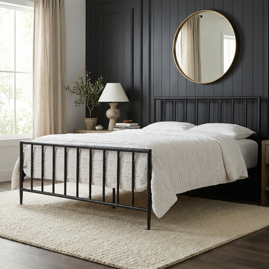 Archaeo Pitted Black Hammered Iron Platform Bed in a modern contemporary bedroom with white bedding and a round mirror on the wall.