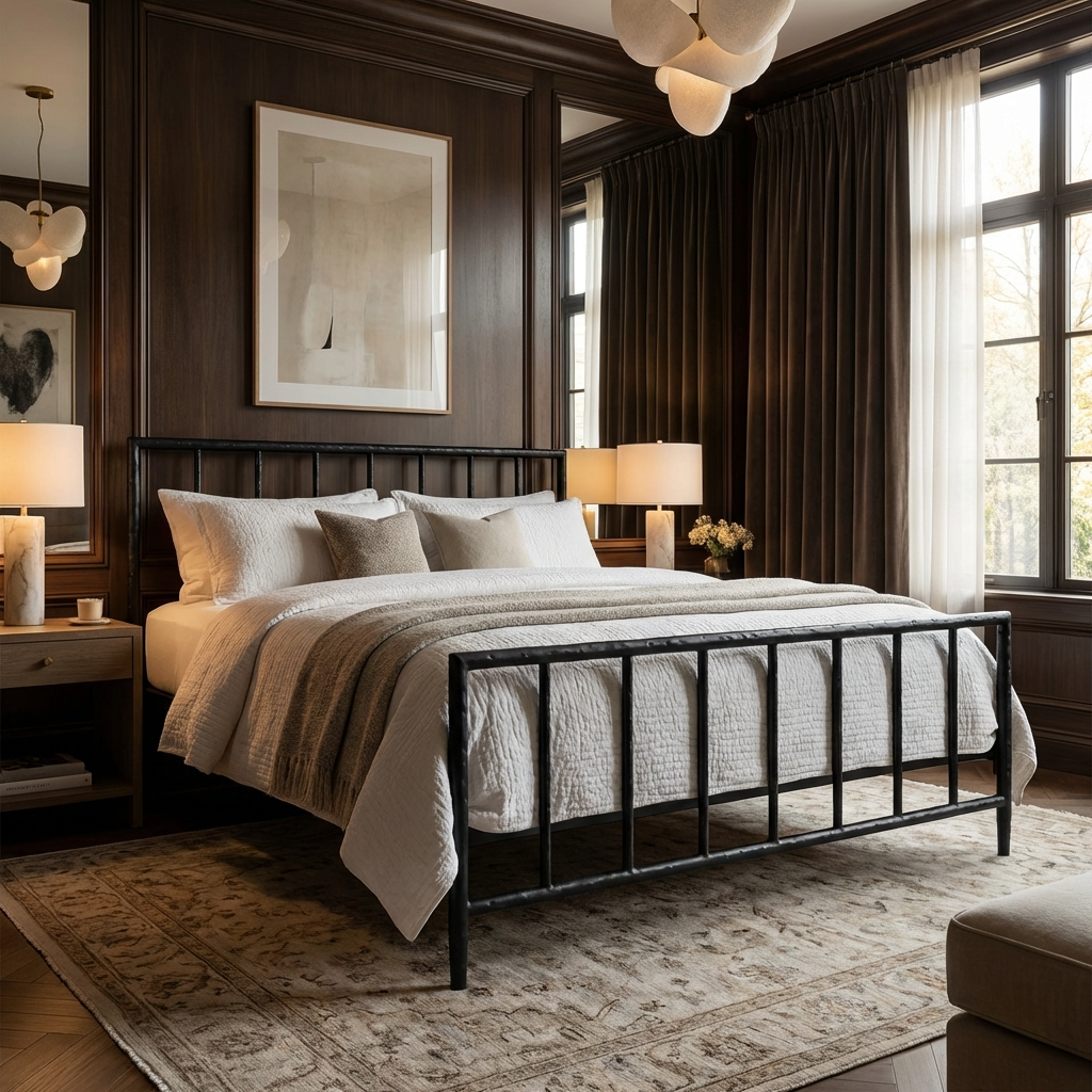 Archaeo Pitted Black Hammered Iron Platform Bed a traditional high-end bedroom with white bedding and decorative elements.