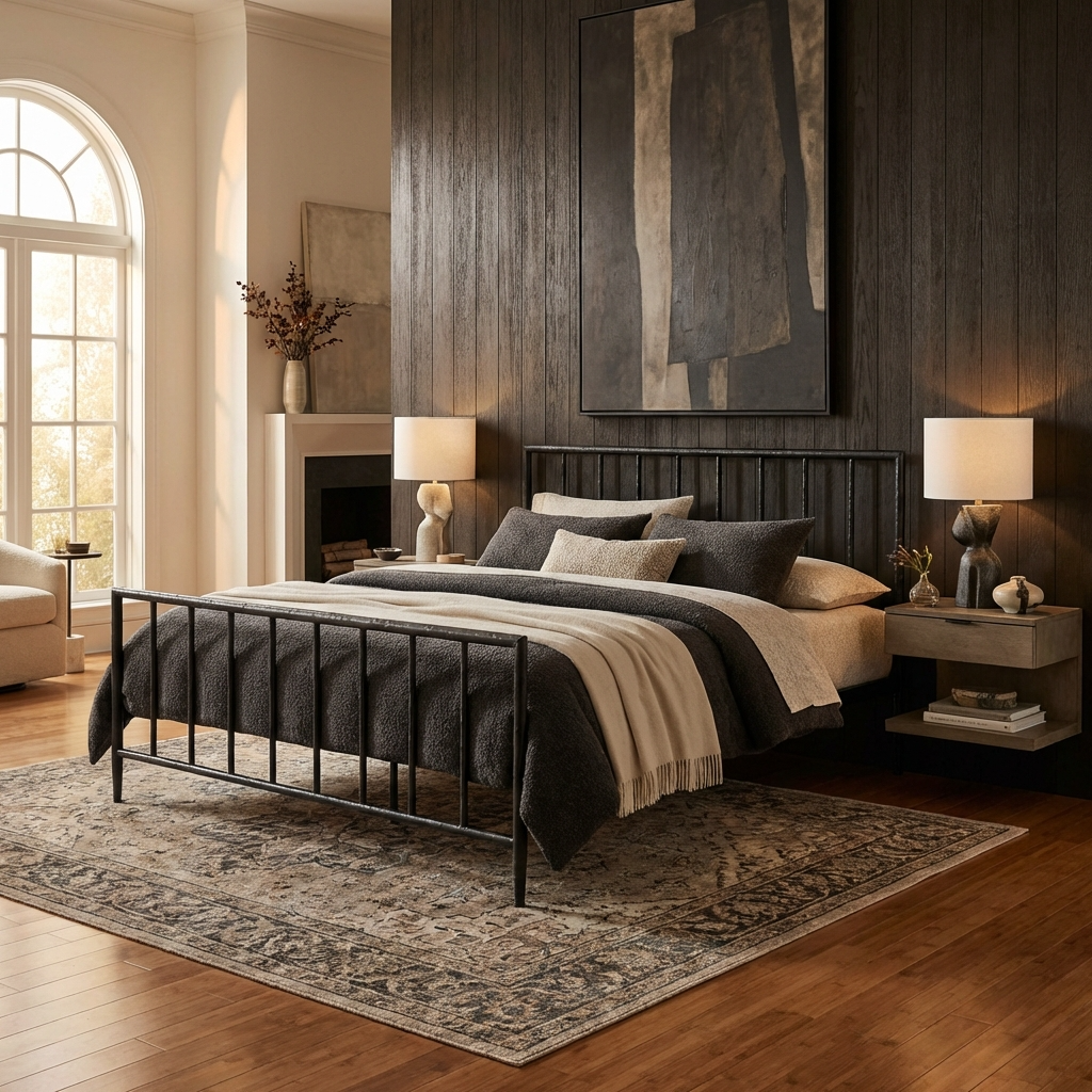 Archaeo Pitted Black Hammered Iron Platform Bed in a modern bedroom with a wood accent wall and abstract art.