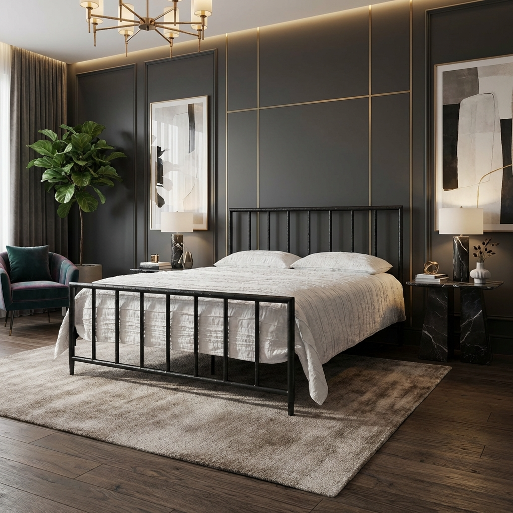 Archaeo Pitted Black Hammered Iron Platform Bed in a modern bedroom with gray walls and decorative elements.