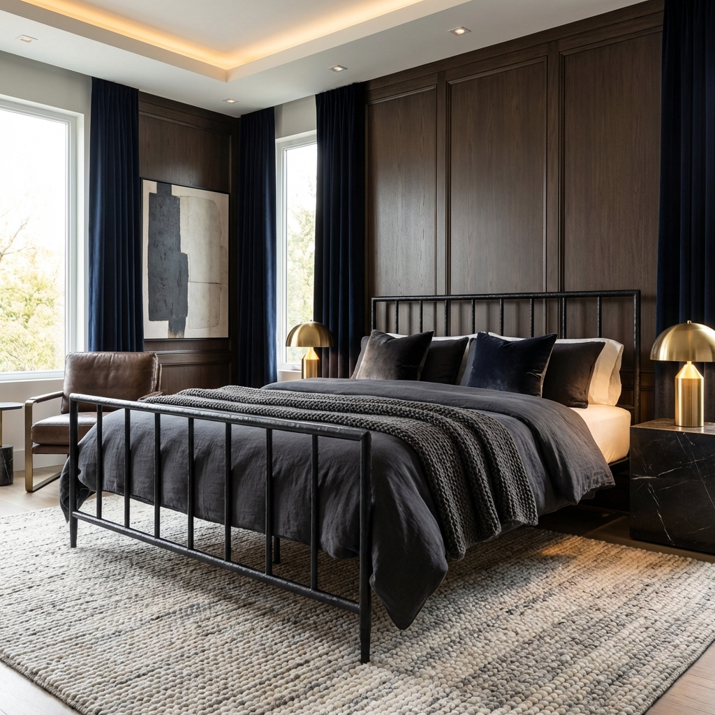 Archaeo Pitted Black Hammered Iron Platform Bed in a modern transitional bedroom with dark wood paneling and decorative lighting.