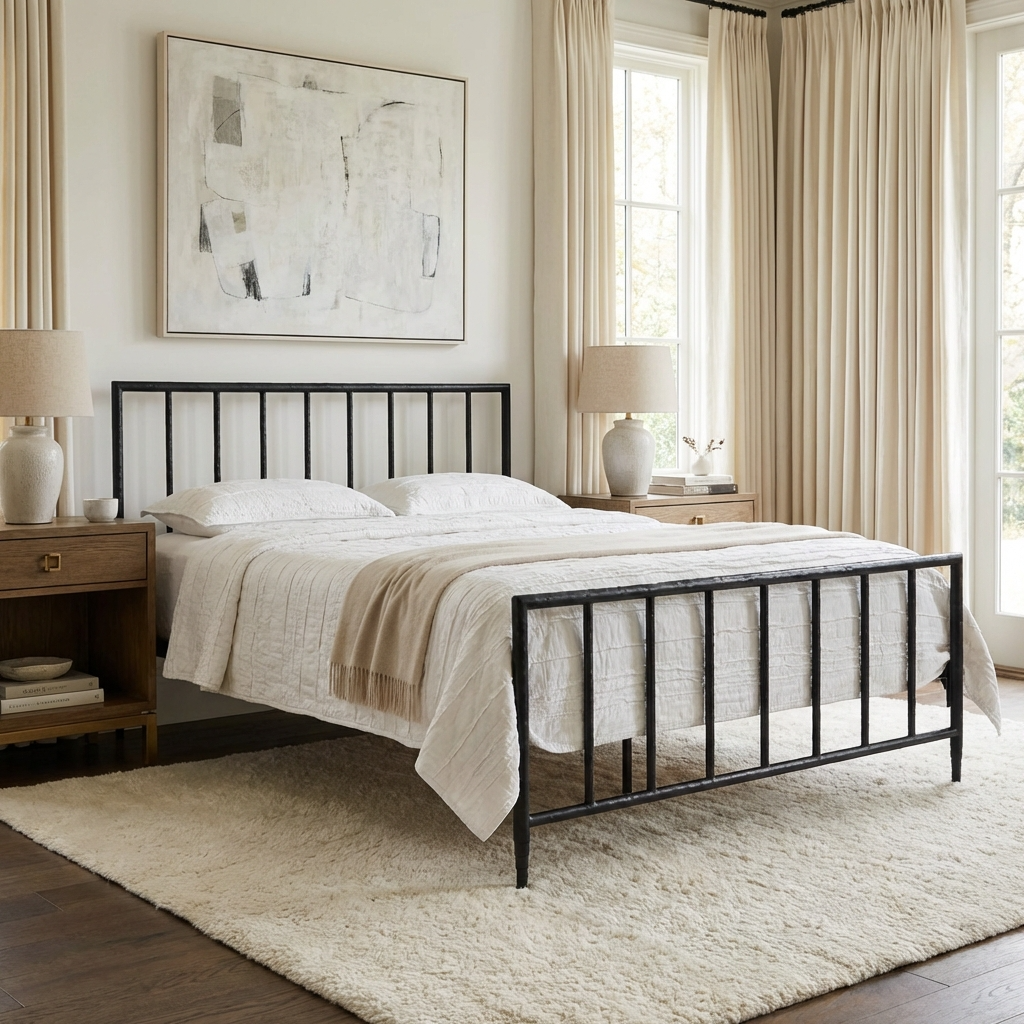 Archaeo Pitted Black Hammered Iron Platform Bed in a well-lit bedroom with off-white walls.