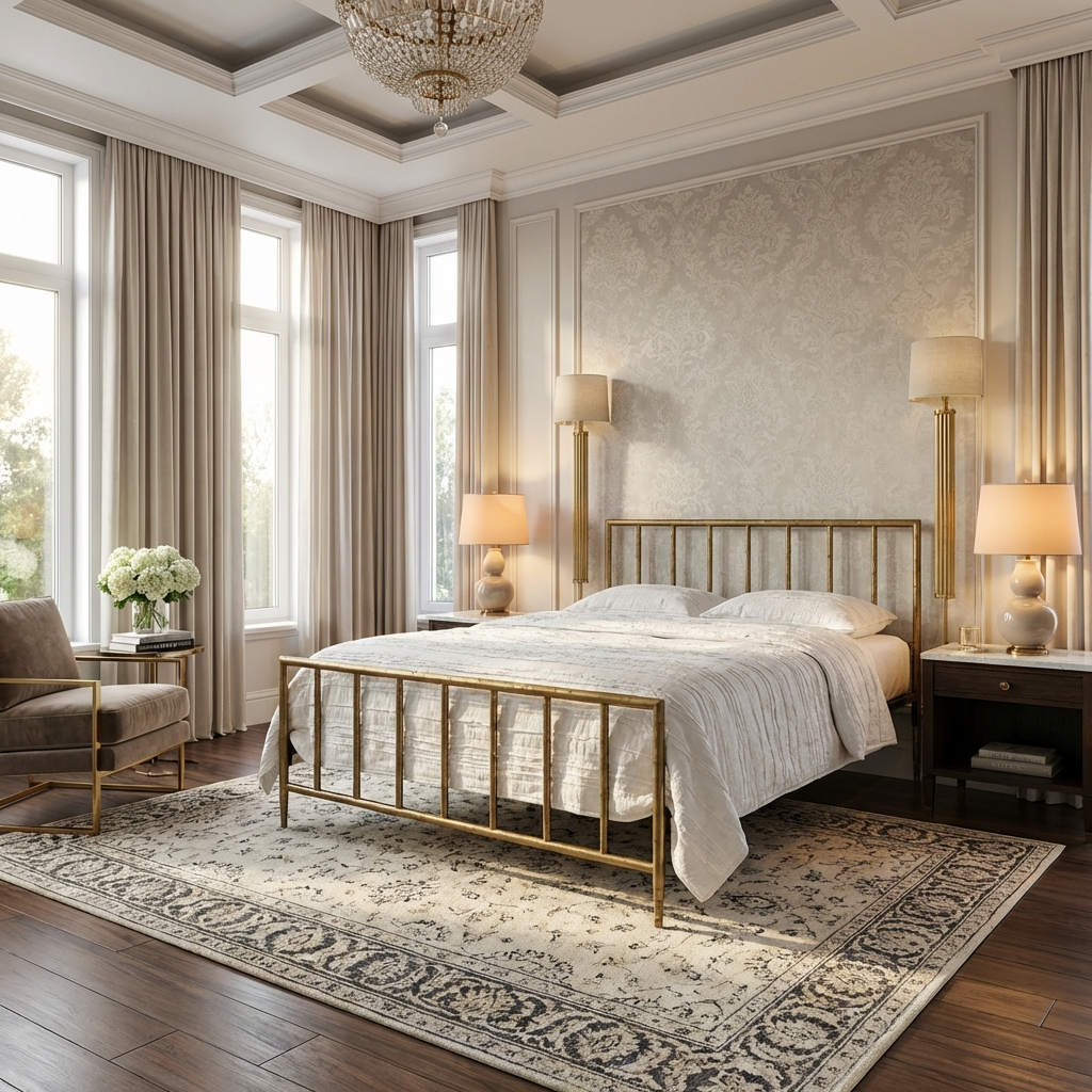 Archaeo Pitted Brass Hammered Iron Platform Bed in a luxurious bedroom with white bedding, and decorative designer elements.