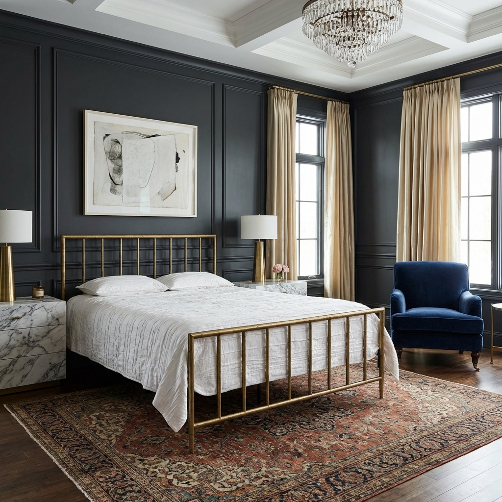 Archaeo Pitted Brass Hammered Iron Platform Bed in a luxury bedroom with marble nightstands and a chandelier.