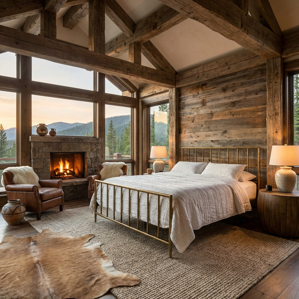 Archaeo Pitted Brass Hammered Iron Platform Bed in a high-end luxury rustic lodge cozy bedroom with wooden beams, fireplace, and mountain view.