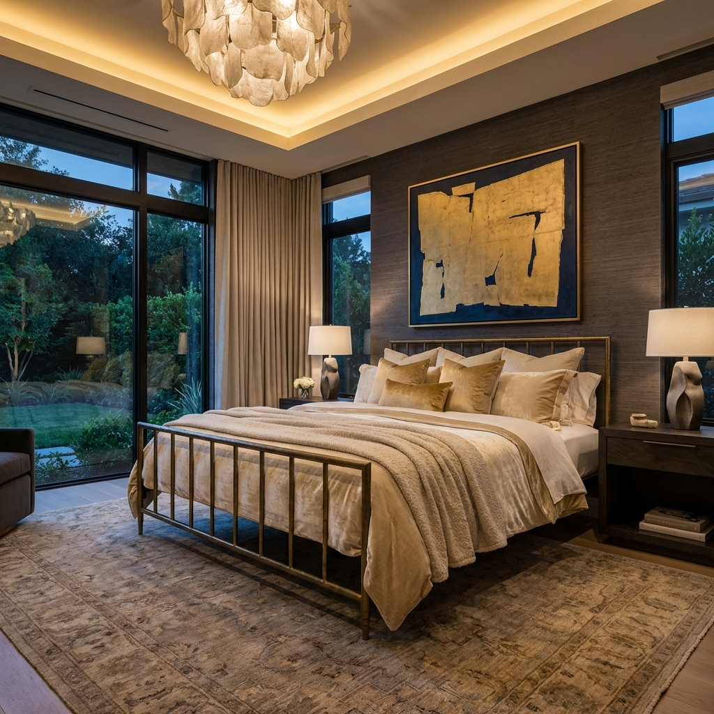 Archaeo Pitted Brass Hammered Iron Platform Bed in a luxury bedroom with artwork on the wall, and large windows.
