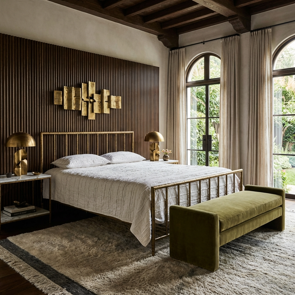 Archaeo Pitted Brass Hammered Iron Platform Bed in a modern luxury bedroom with a dark wood accent wall, white bedding, and decorative wall art.