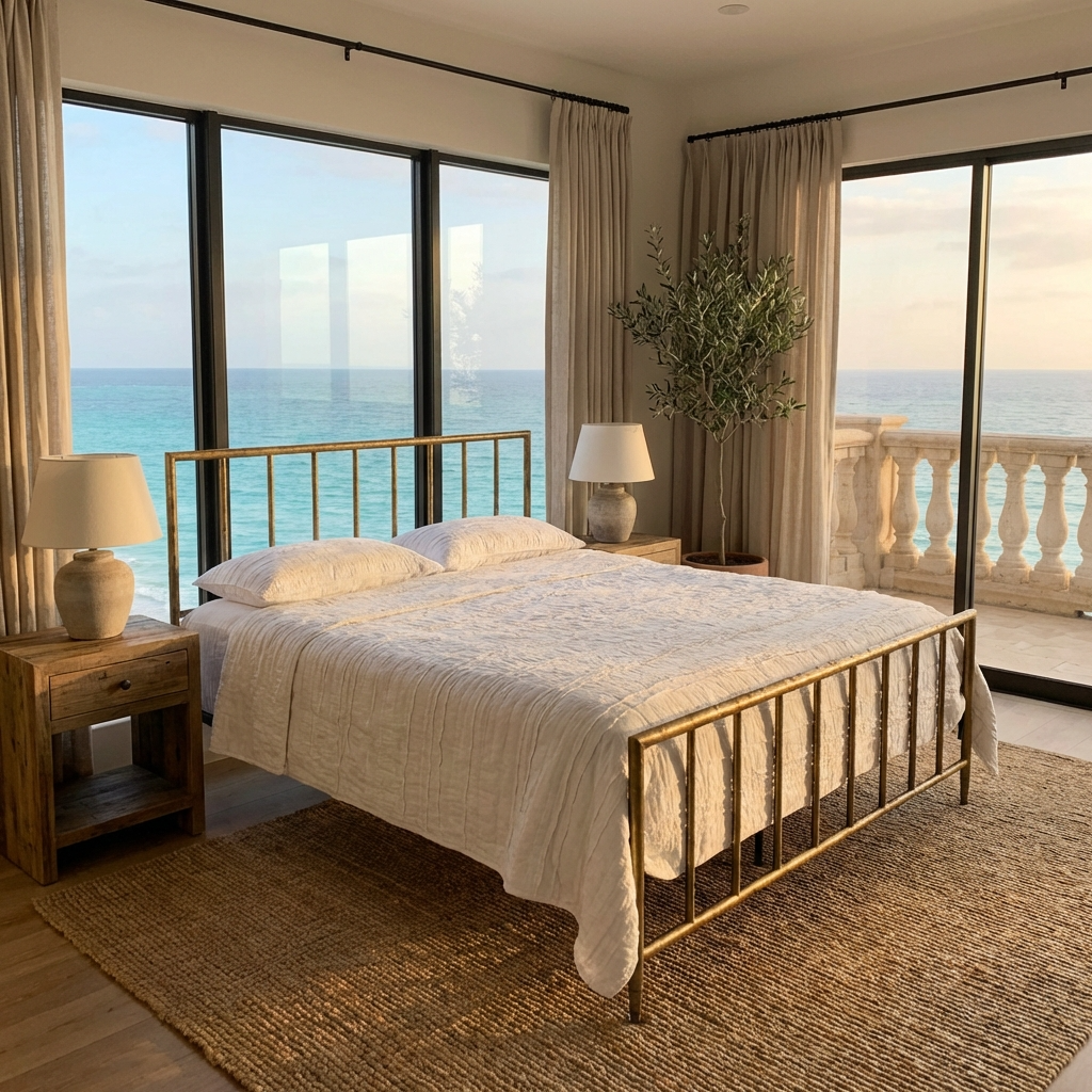 Archaeo Pitted Brass Hammered Iron Platform Bed coastal waterfront bedroom with ocean view and wooden nightstands.