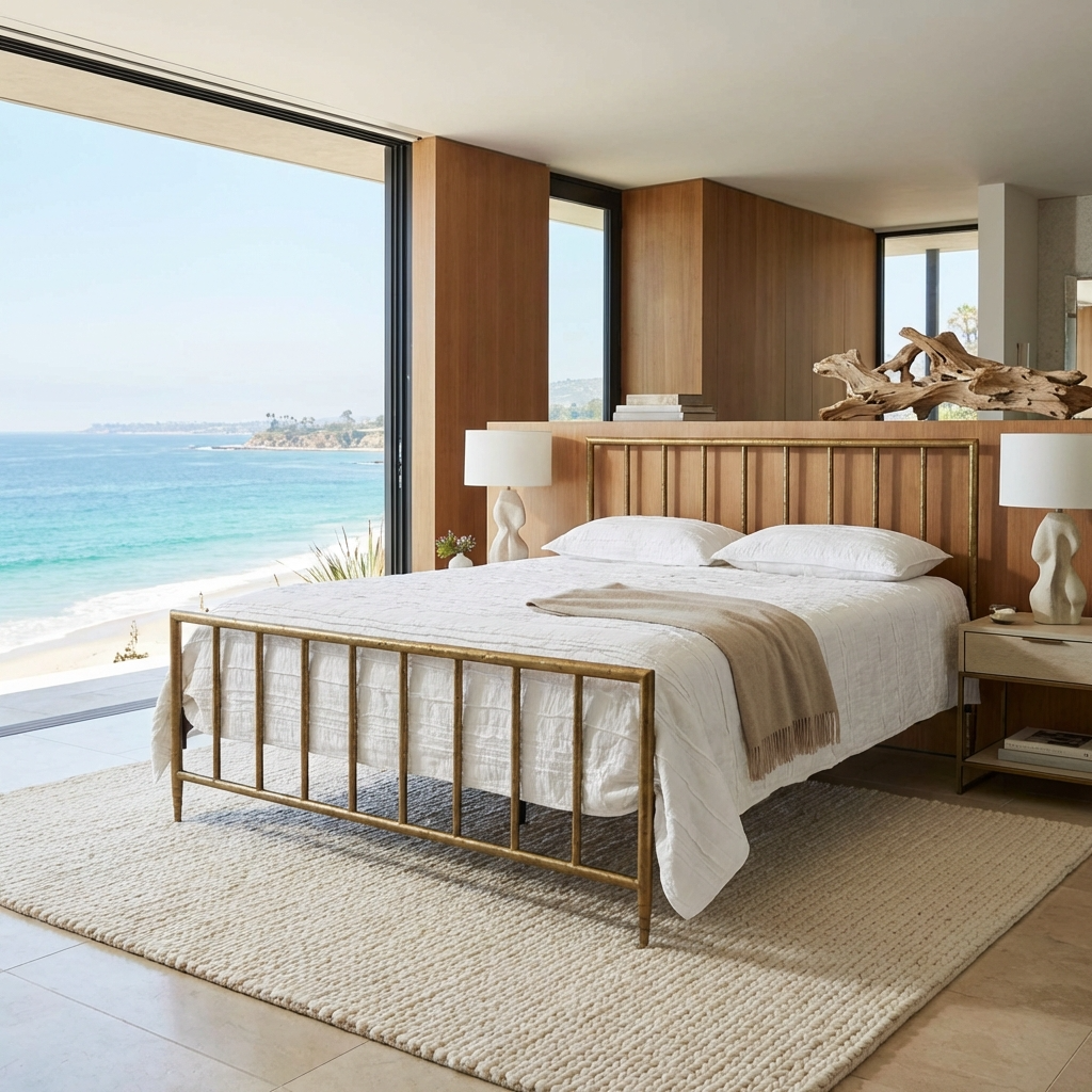 Archaeo Pitted Brass Hammered Iron Platform Bed in a modern beachfront bedroom with a wooden headboard, and ocean view.