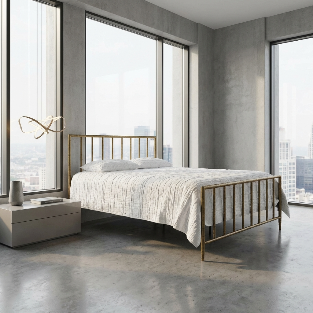 Archaeo Pitted Brass Hammered Iron Platform Bed in an ultra-modern concrete high rise bedroom with a bed and nightstands in a cityscape view.