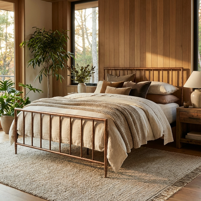 Archaeo Pitted Copper Hammered Iron Platform Bed by HEIRESSY in a designer bedroom
