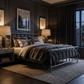 Archaeo Pitted Silver Hammered Iron Platform Bed in dark-themed bedroom with lamps and decorative elements.