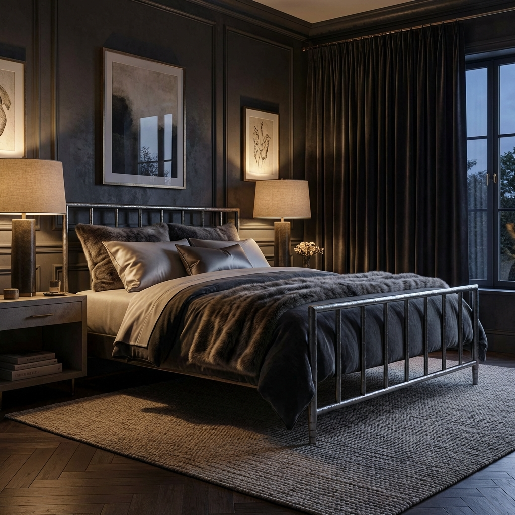 Archaeo Pitted Silver Hammered Iron Platform Bed in dark-themed bedroom with lamps and decorative elements.
