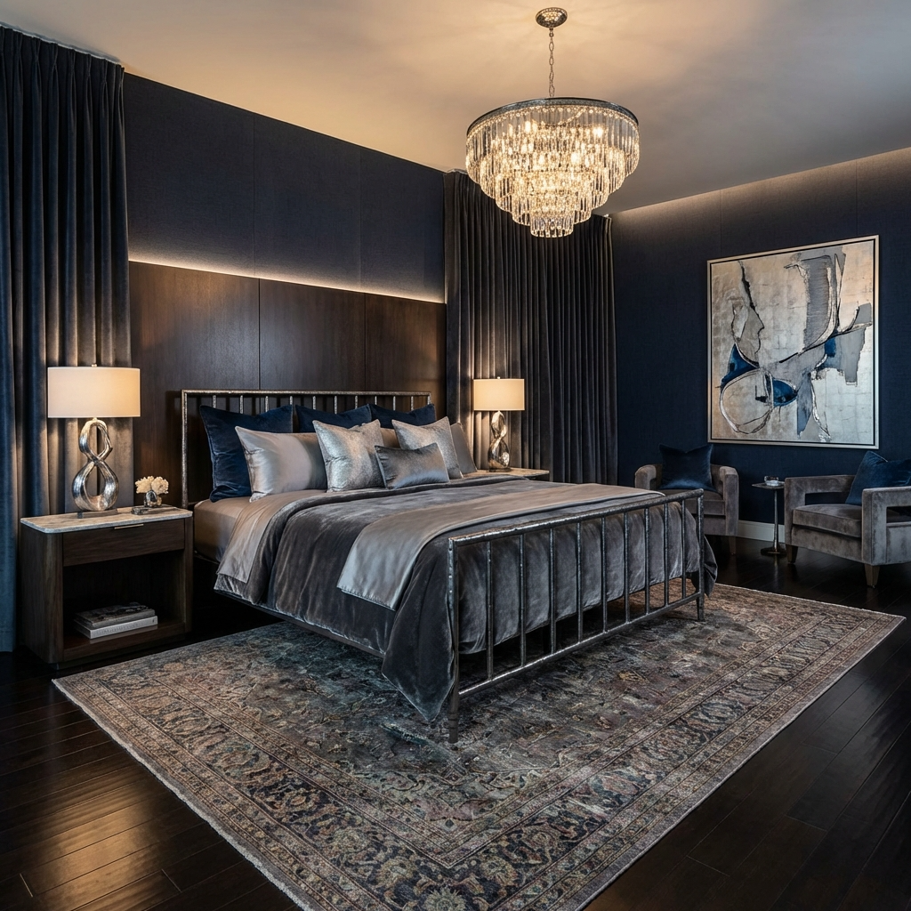 Archaeo Pitted Silver Hammered Iron Platform Bed luxury bedroom with dark walls, a chandelier, and decorative rug.