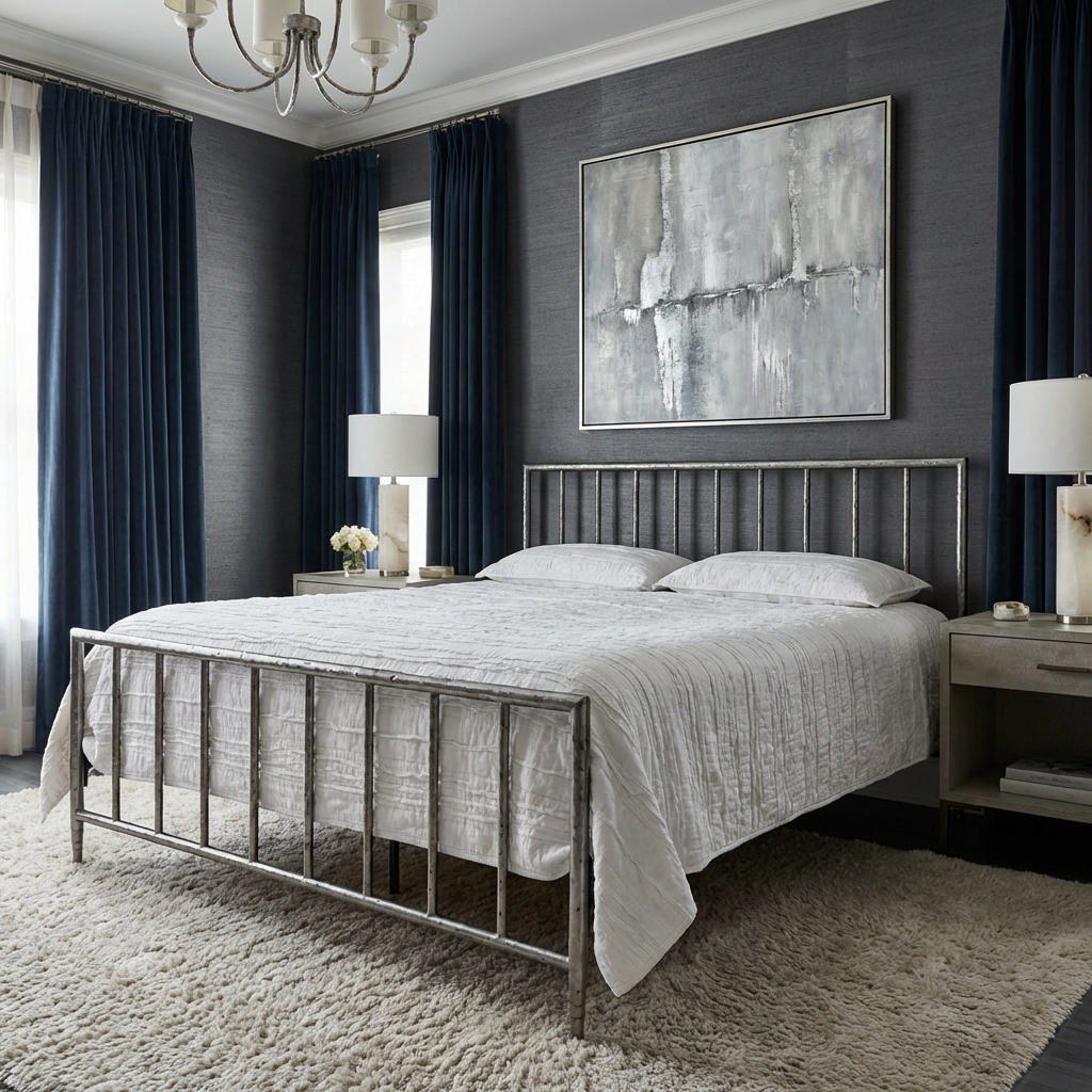 Archaeo Pitted Silver Hammered Iron Platform Bed in a modern bedroom with an abstract painting and decorative elements.