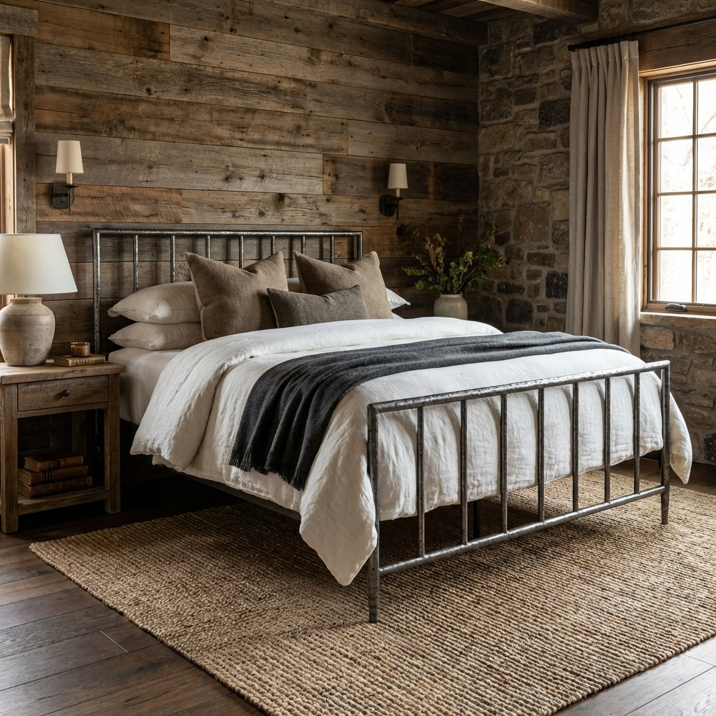Archaeo Pitted Silver Hammered Iron Platform Bed in a historic bedroom with rustic wood and rock walls, white bedding, gray blanket and a window.